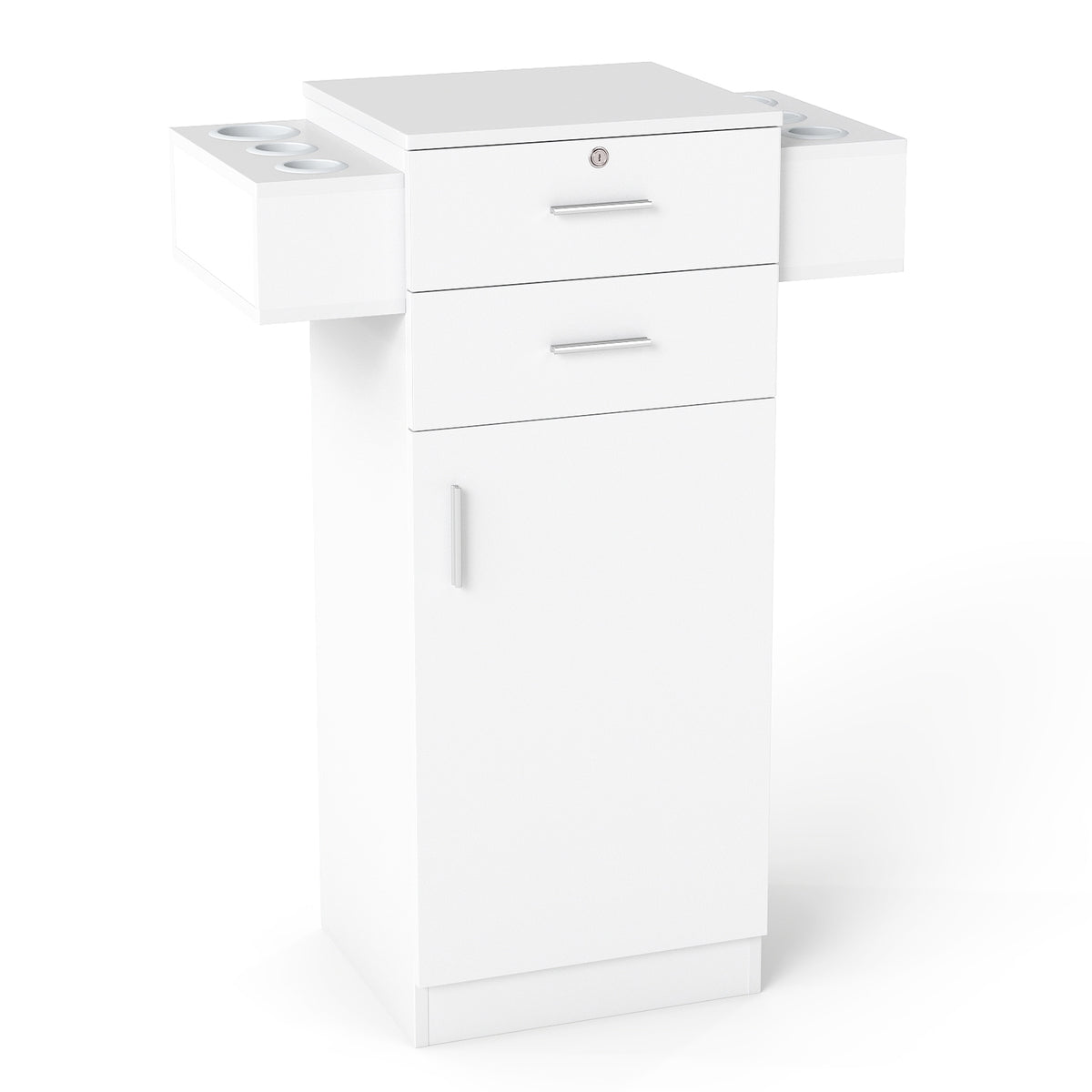 3-Tier Locking Salon Storage Cabinet with 2 Drawers and 6 Hair Dryer Holders-White