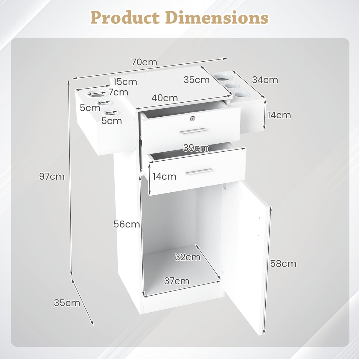 3-Tier Locking Salon Storage Cabinet with 2 Drawers and 6 Hair Dryer Holders-White