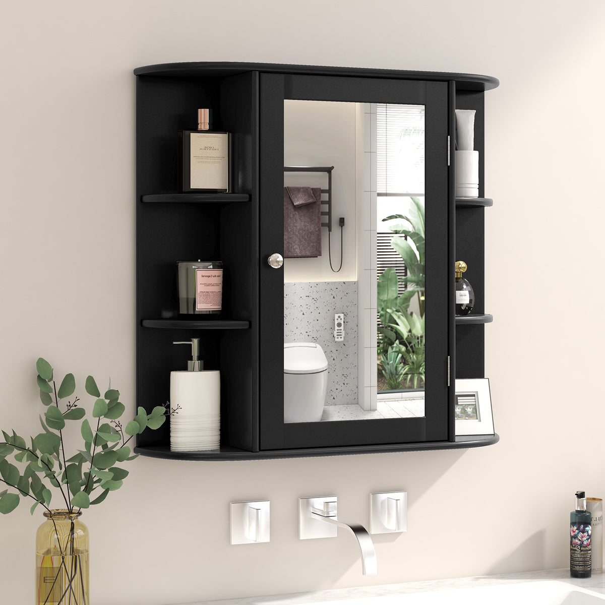 3-Tier Mirrored Wall Mounted Bathroom Cabinet-Black