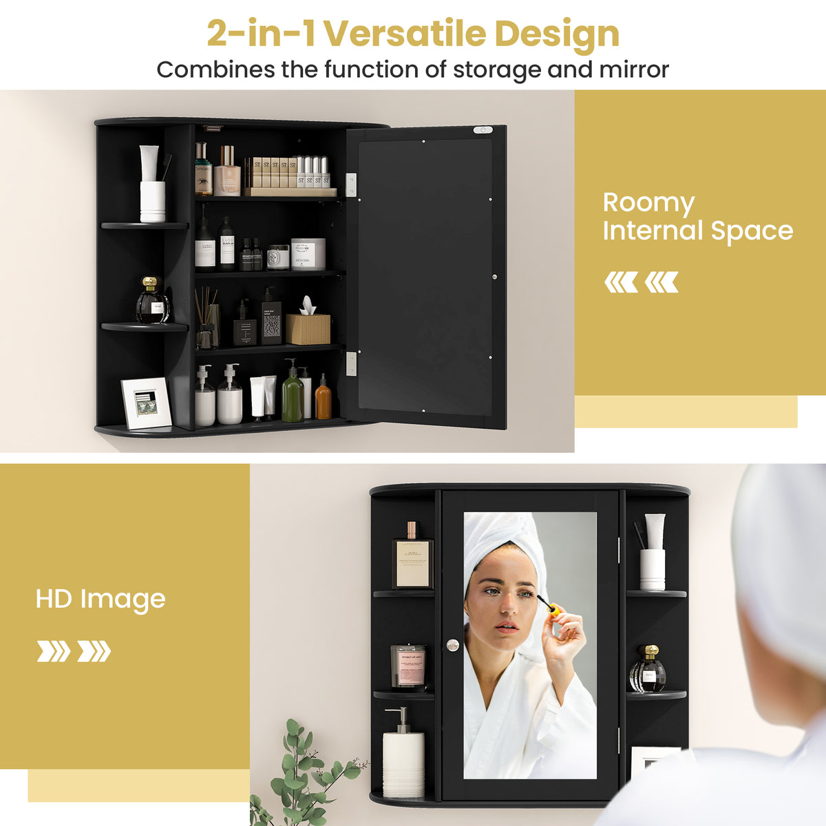 3-Tier Mirrored Wall Mounted Bathroom Cabinet-Black