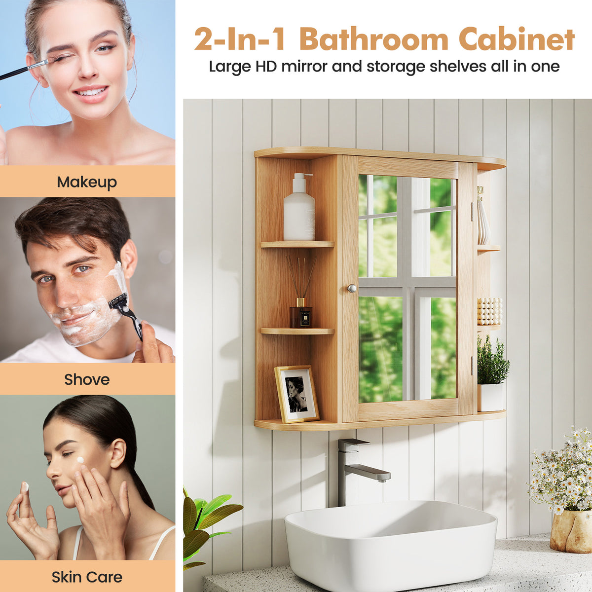 3-Tier Mirrored Wall Mounted Bathroom Cabinet-Natural