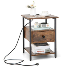 3-Tier Nightstand with Charging Station Open Shelves and Drawer-Brown
