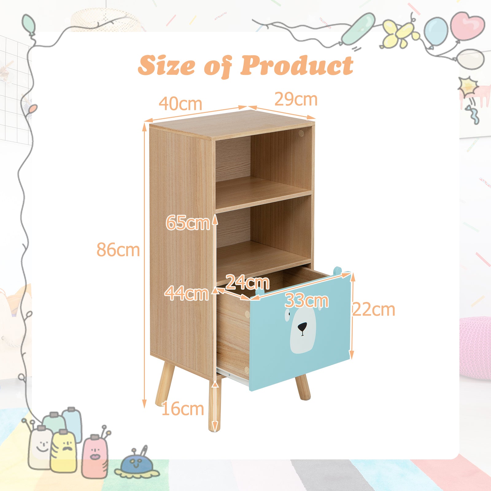 3-Tier Wood Kids Storage Shelf with Storage Drawer-Natural
