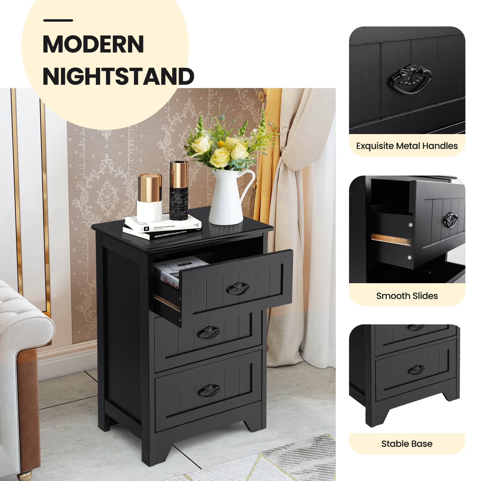 3-Tier Vintage Nightstand with Exquisite Metal Handles-Black