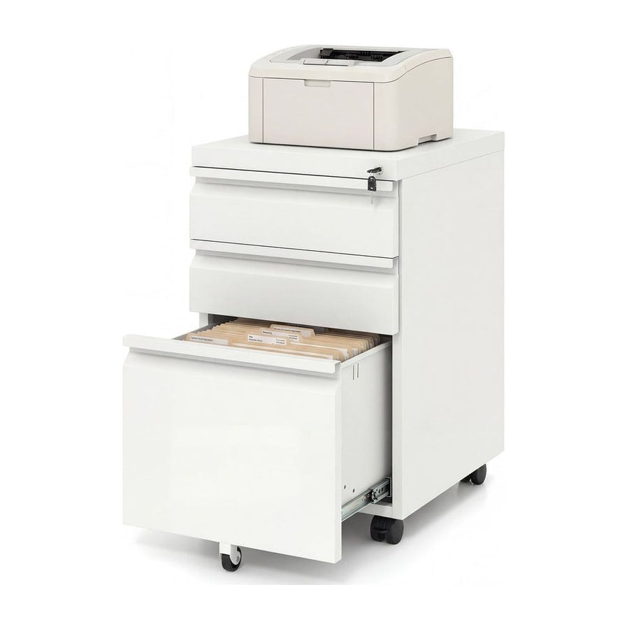 3-Drawer Mobile File Cabinet with 5 Casters and 2 Keys for A4-White