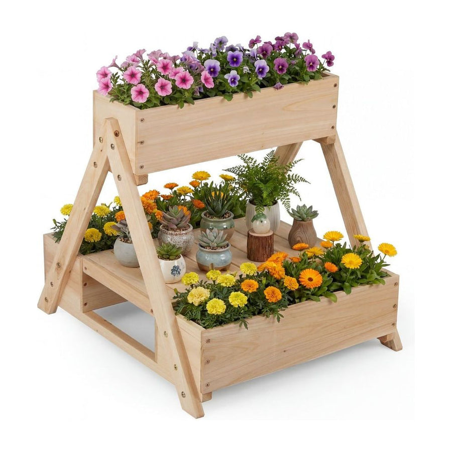 3 Fir Wooden Planter Boxes with Open Storage Shelf and 3 Drainage Holes-Natural