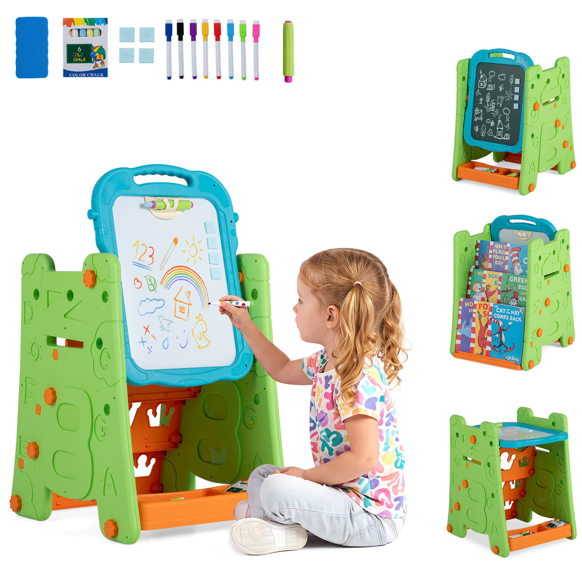 3 in 1 Art Easel for Kids Double Sided Magnetic Board Chalkboard and Whiteboard-Green