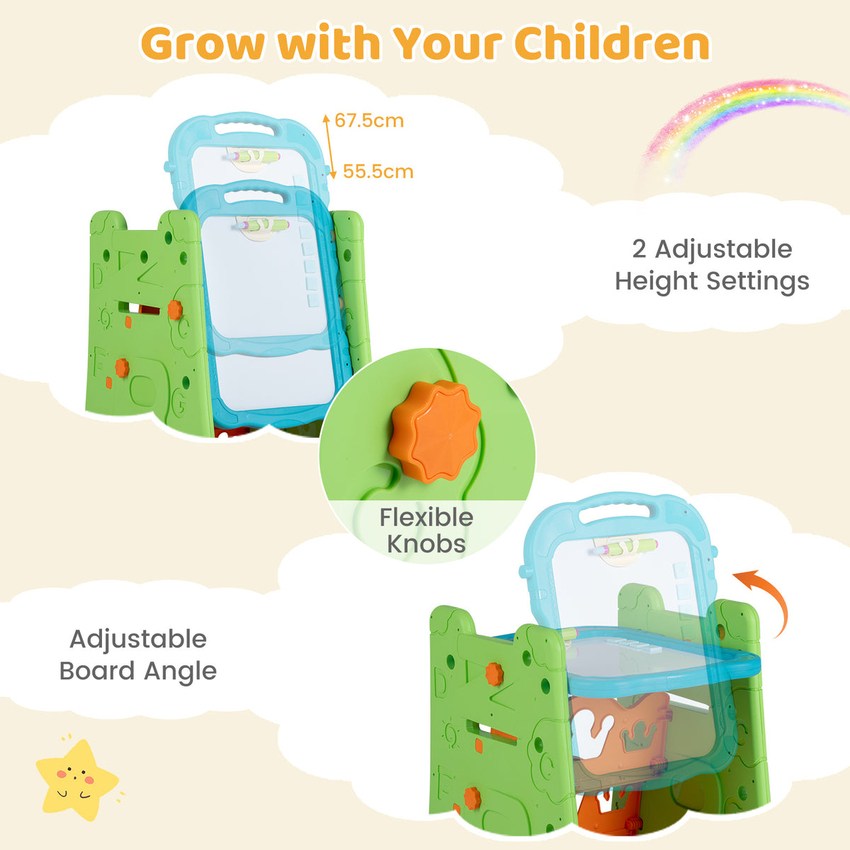 3 in 1 Art Easel for Kids Double Sided Magnetic Board Chalkboard and Whiteboard-Green
