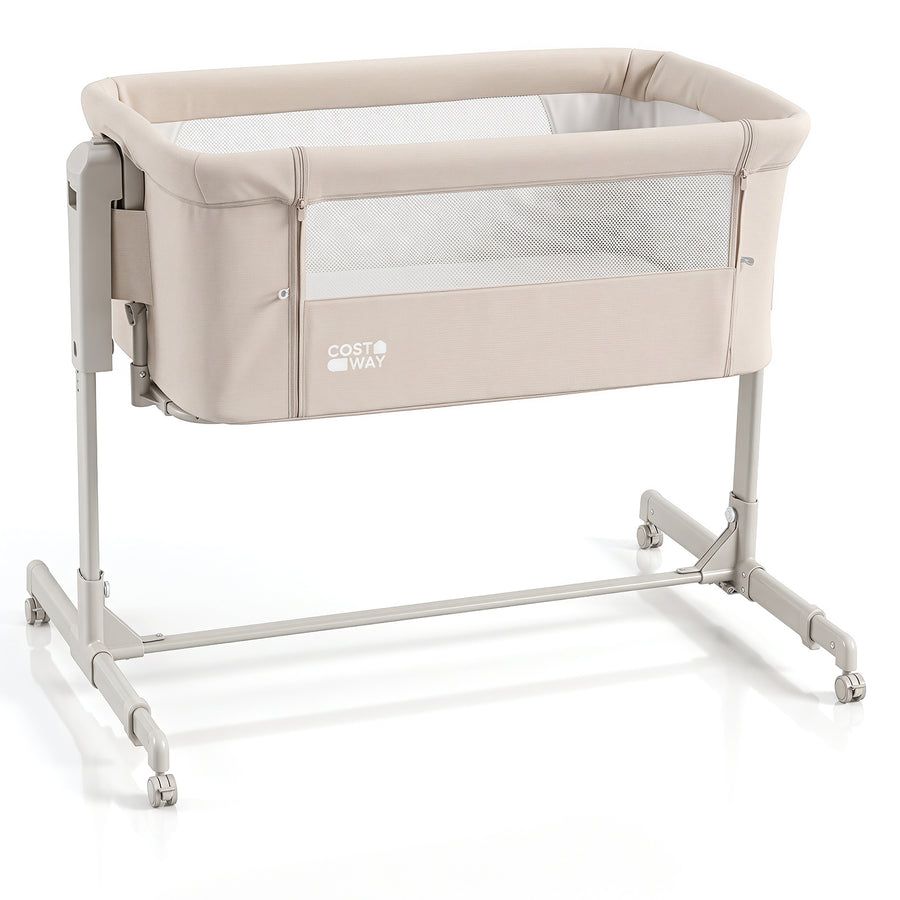 3-in-1 Baby Crib Height-Adjustable Bedside Crib with Castors-Beige