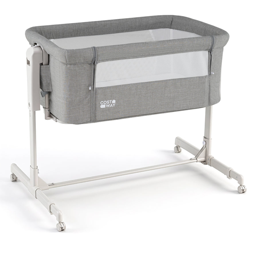3-in-1 Baby Crib Height-Adjustable Bedside Crib with Castors-Grey