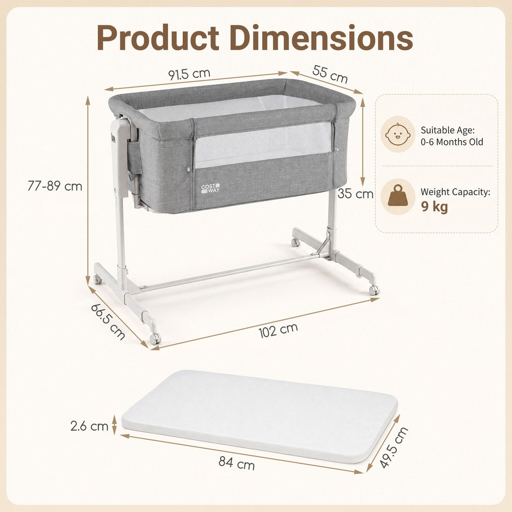 Product dimensions diagram for the grey bassinet and bedside sleeper