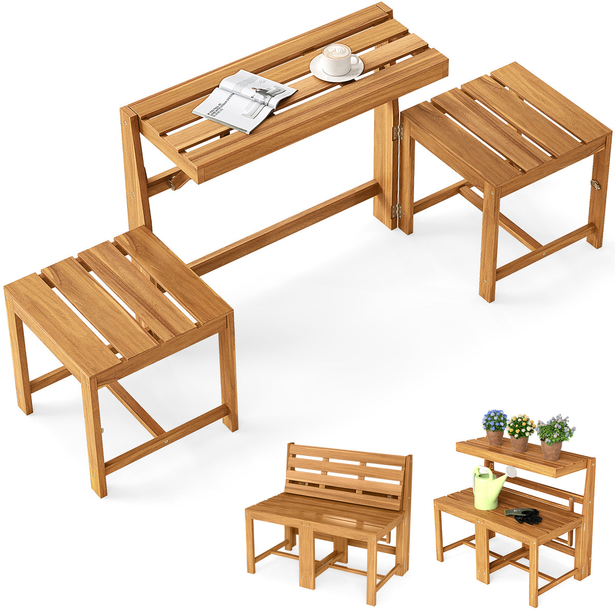 3-in-1 Convertible Bench with 2 Built-in Chairs for Patio