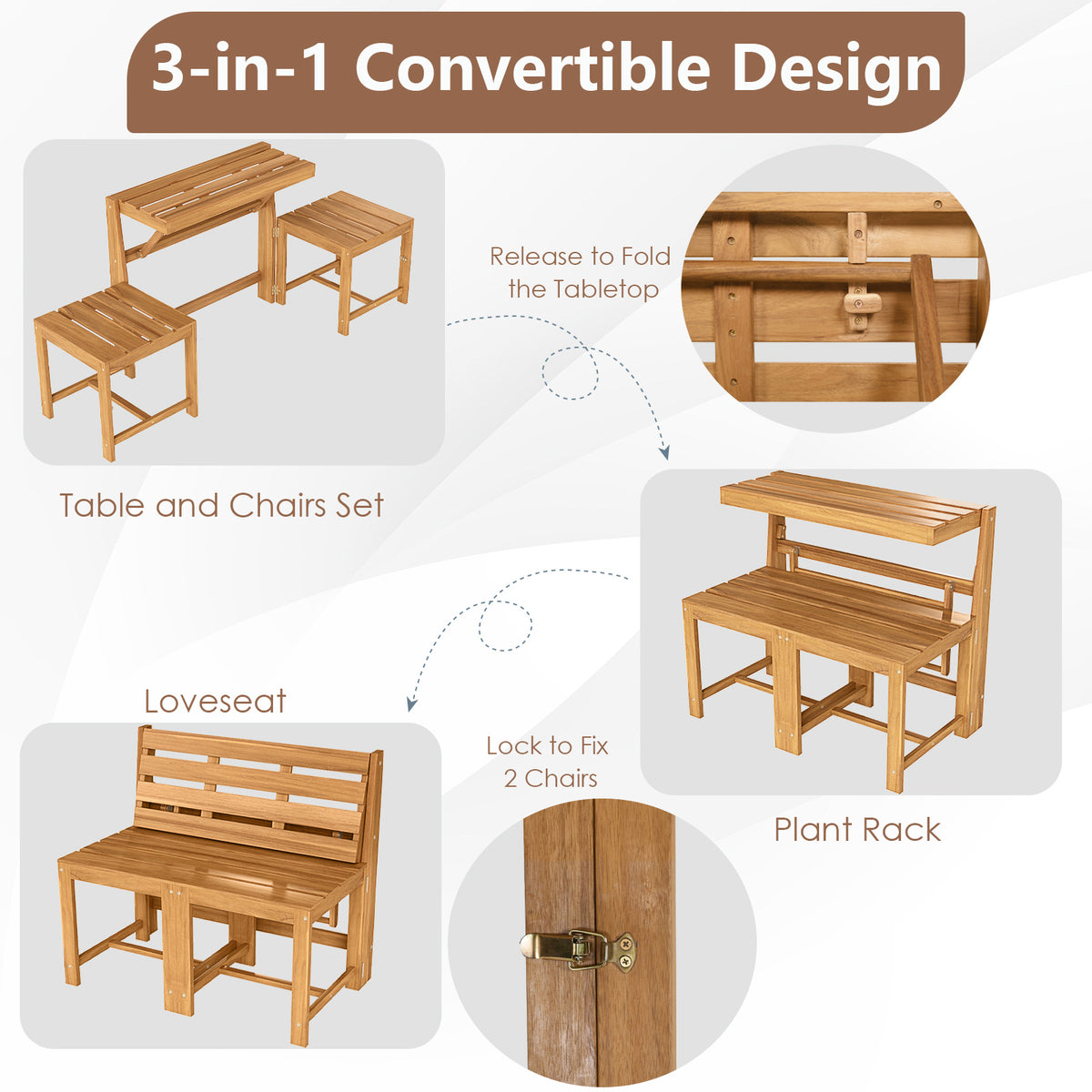 3-in-1 Convertible Bench with 2 Built-in Chairs for Patio