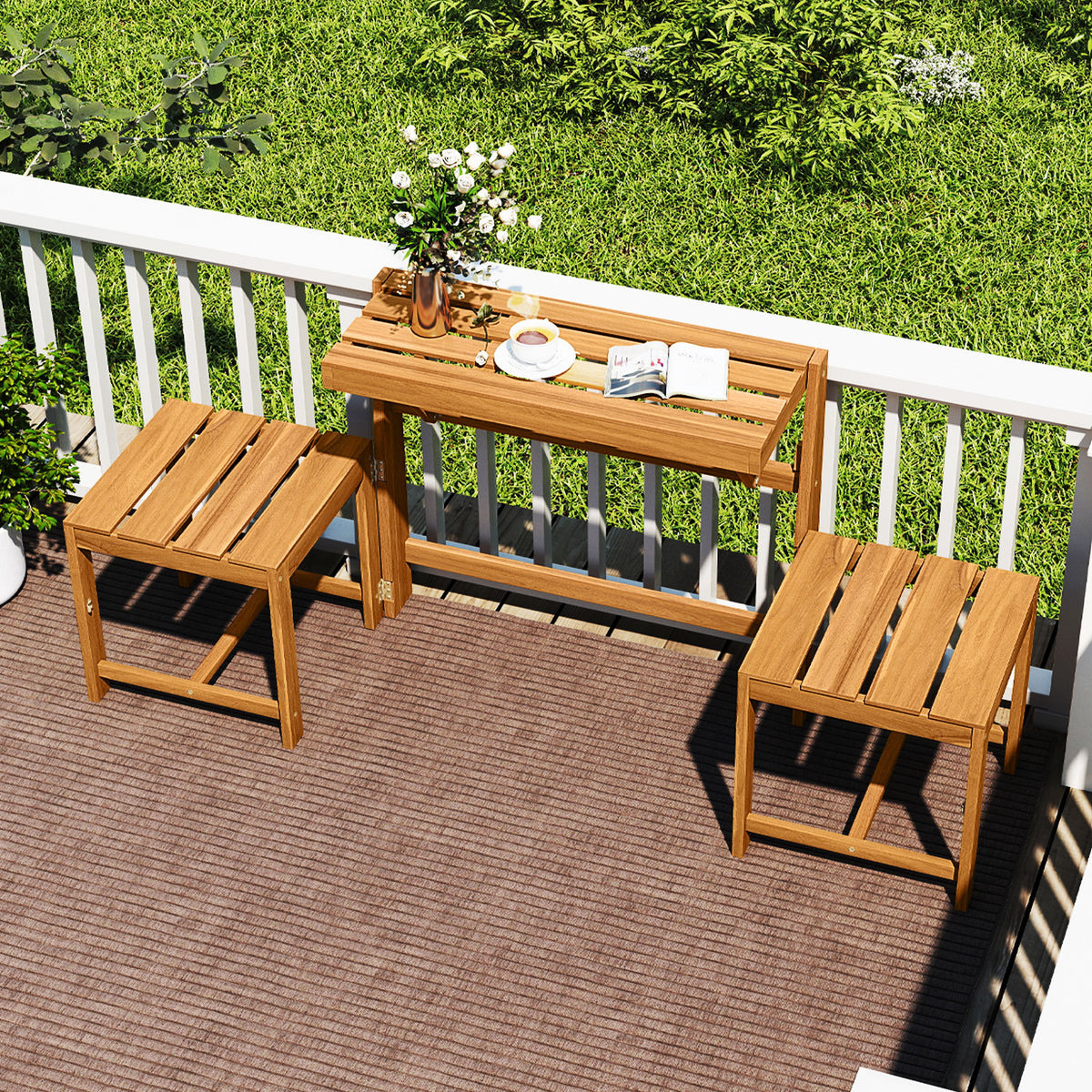 3-in-1 Convertible Bench with 2 Built-in Chairs for Patio