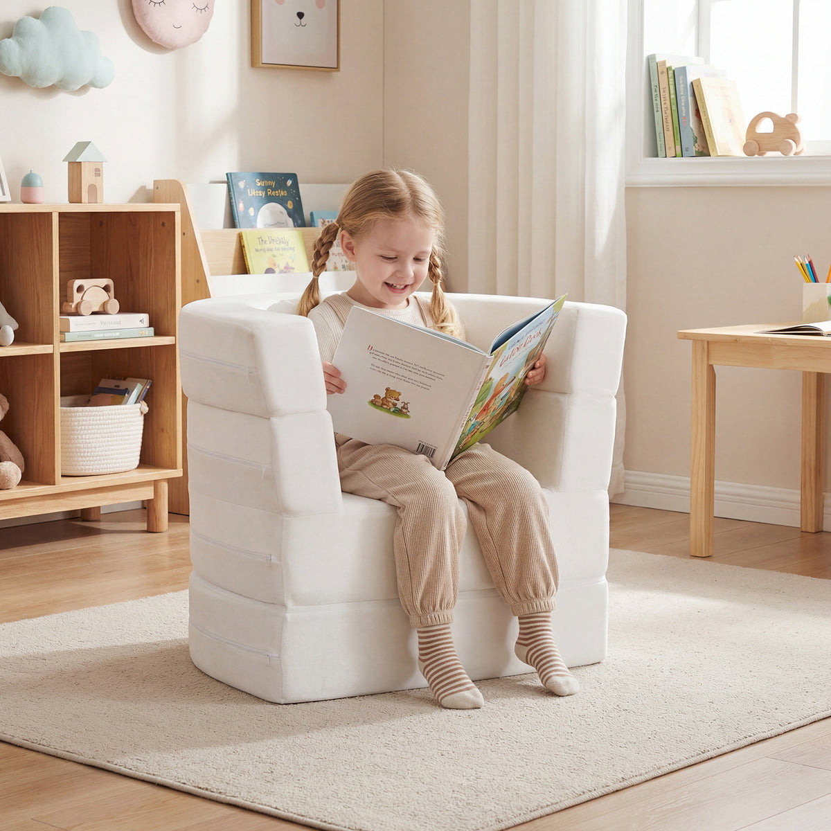 3-in-1 Convertible Kids Sofa Bed with Washable Zippered Covers-White
