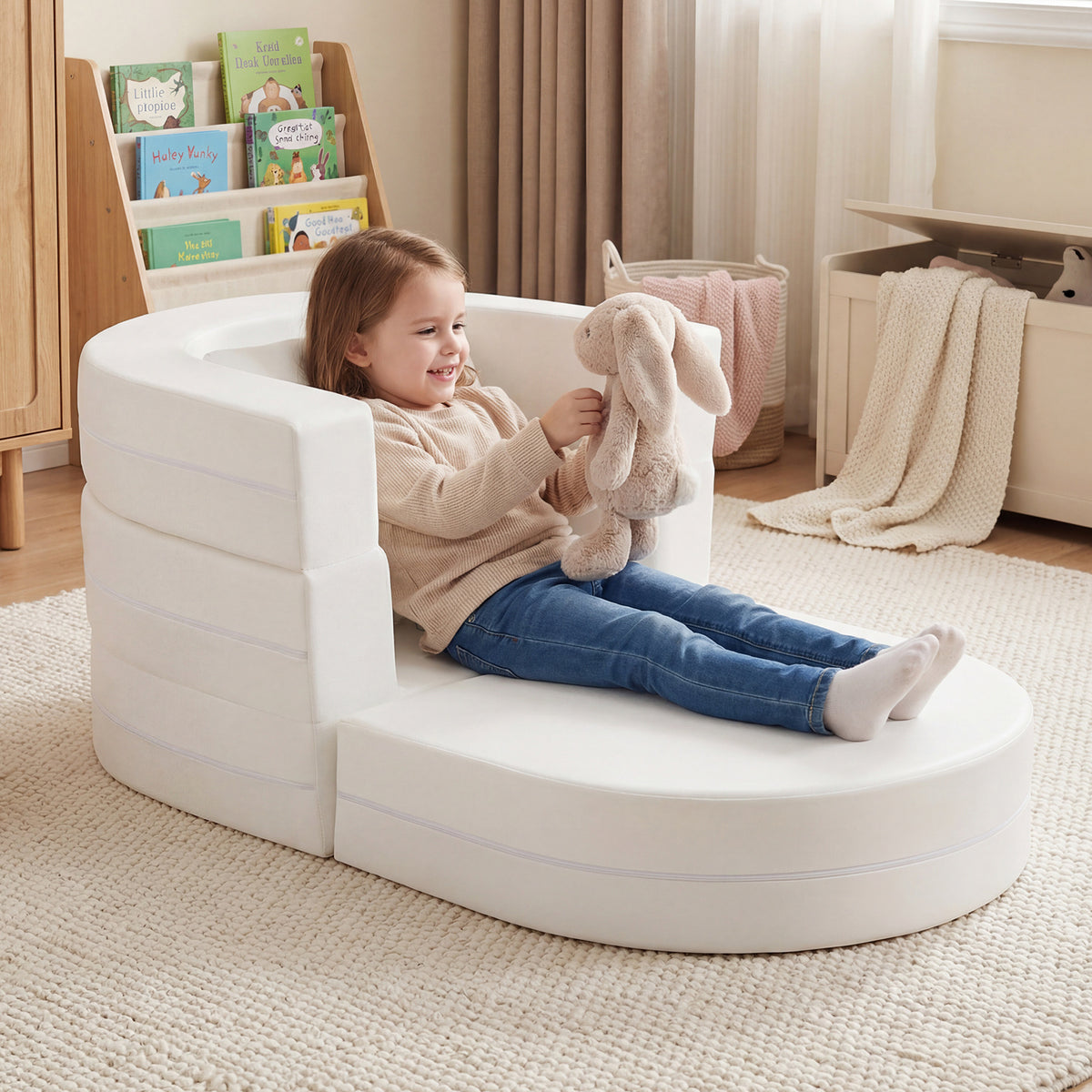 3-in-1 Convertible Kids Sofa Bed with Washable Zippered Covers-White