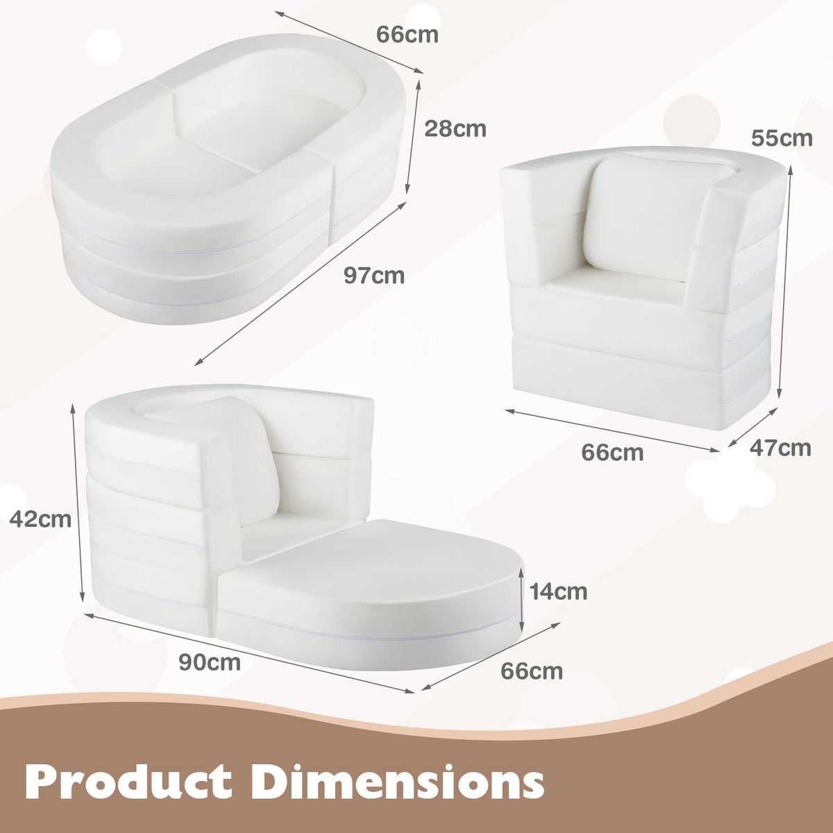 3-in-1 Convertible Kids Sofa Bed with Washable Zippered Covers-White