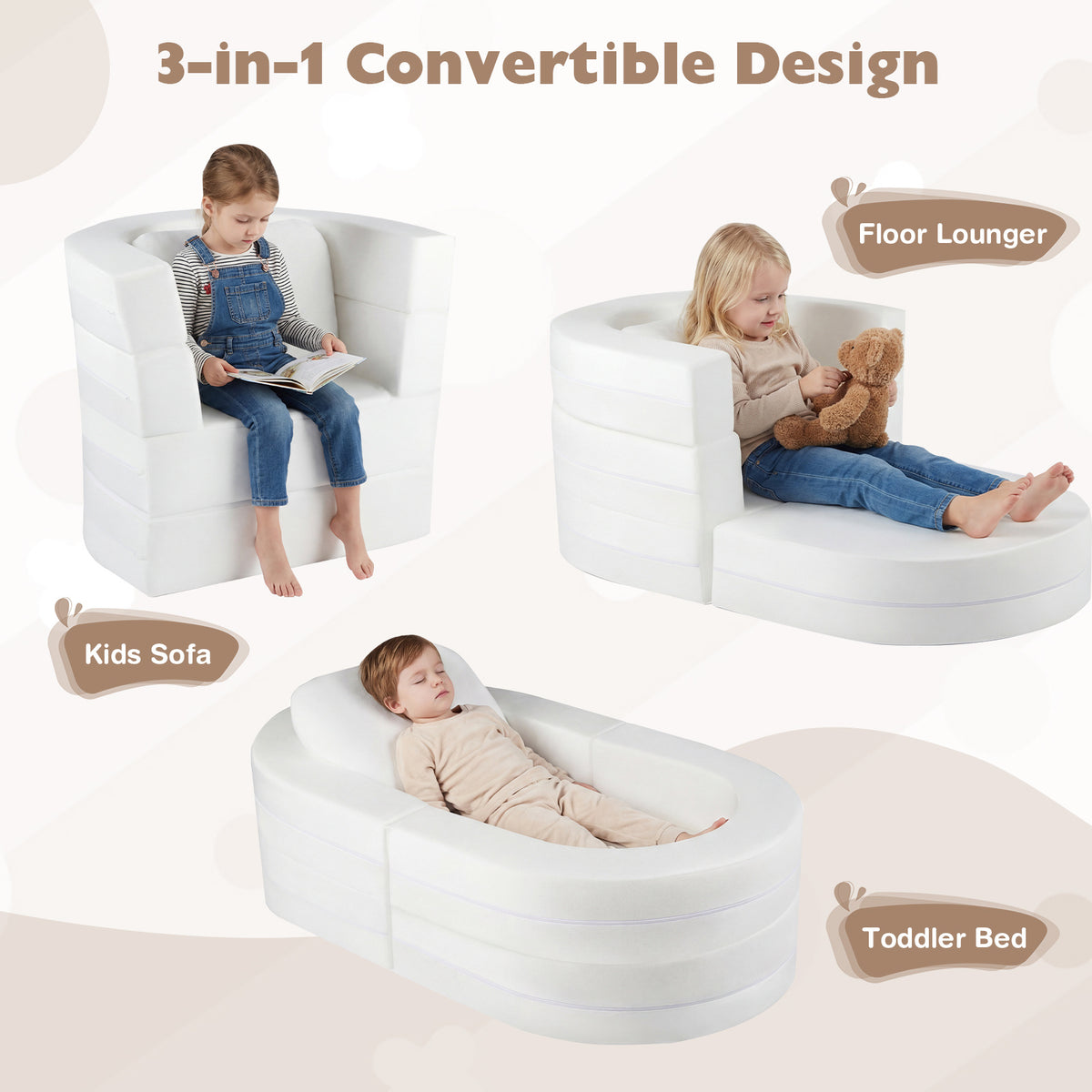 3-in-1 Convertible Kids Sofa Bed with Washable Zippered Covers-White