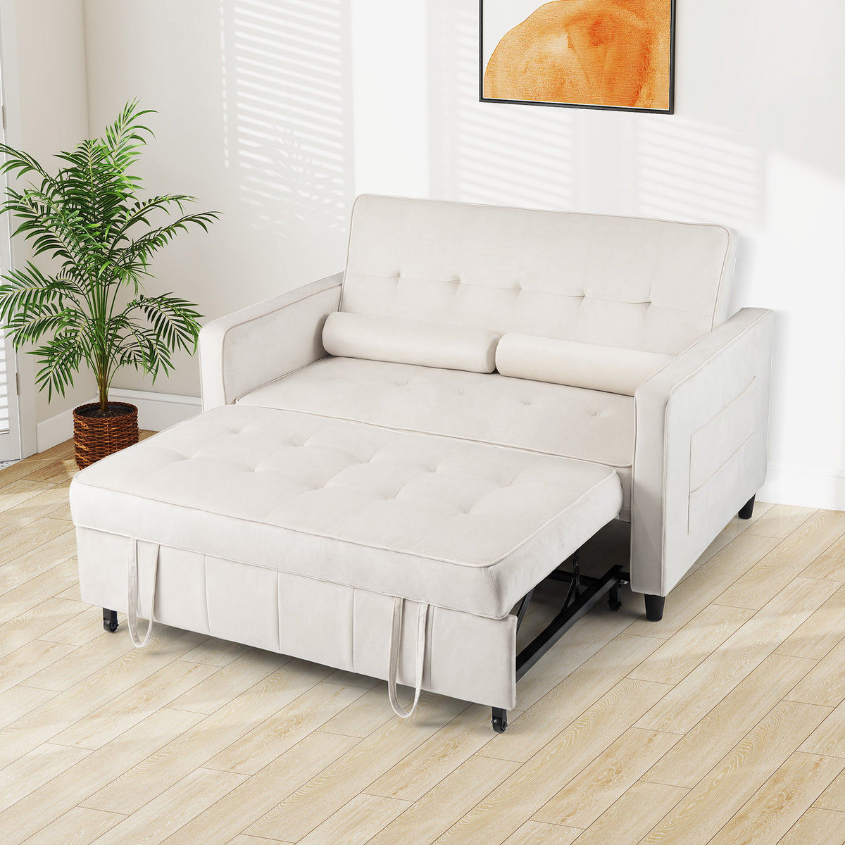 3-in-1 Convertible Sleeper Sofa Bed Pull Out Couch Bed-Beige