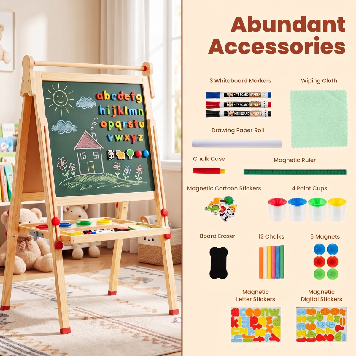 3 in 1 Foldable Wooden Art Easel with Whiteboard Chalkboard and Paper Roll-Natrual