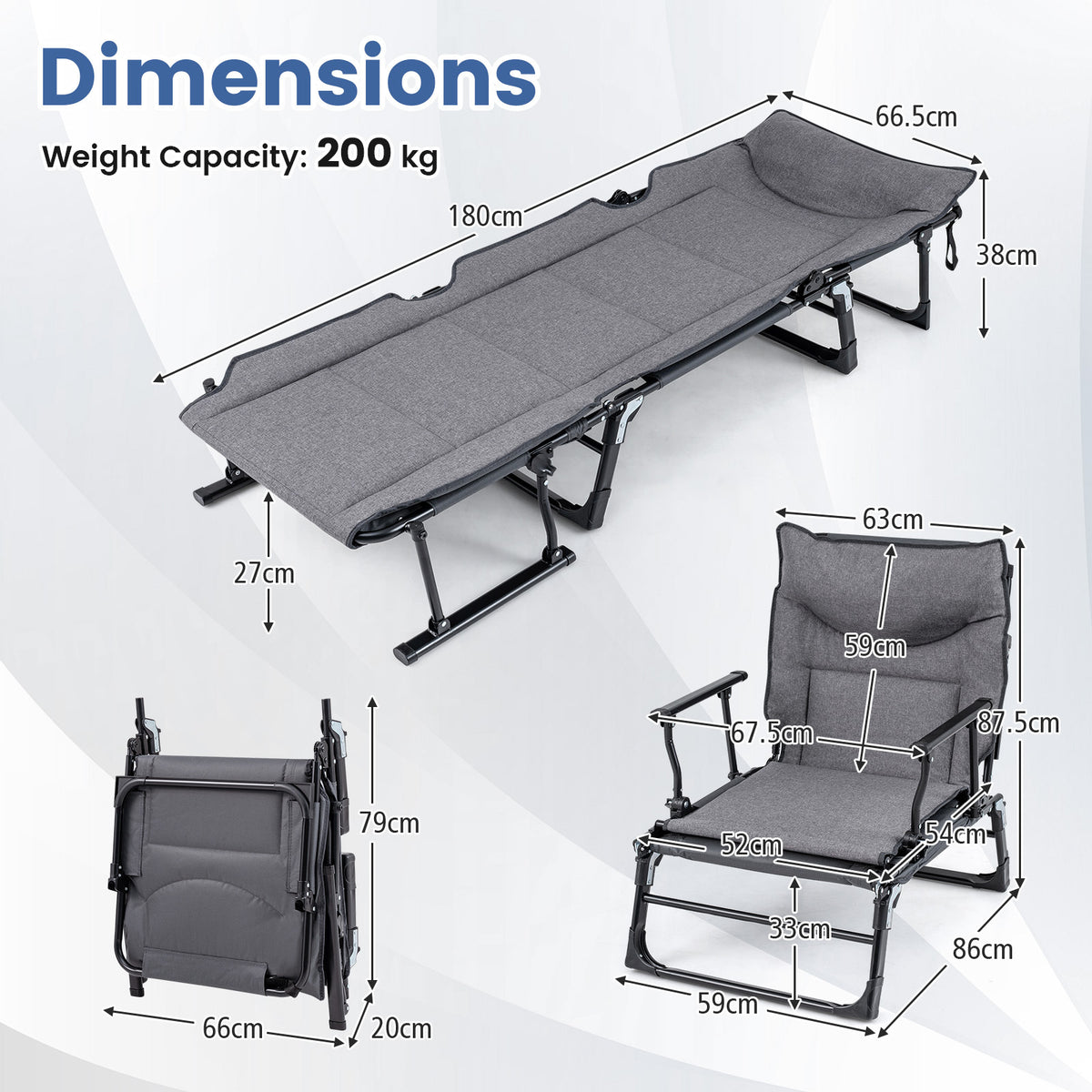 3-in-1 Folding Camping Cot Convertible Heavy Duty Metal with Adjustable Backrest-Grey