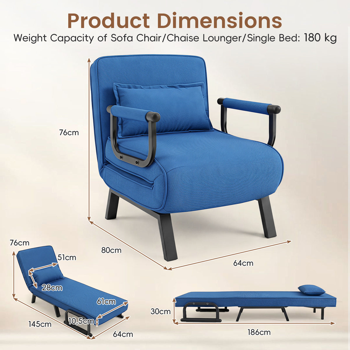 3-in-1 Folding Sofa Bed with Adjustable Backrest with Adjustable Backrest-Blue