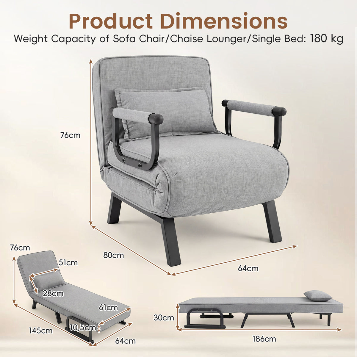 3-in-1 Folding Sofa Bed with Adjustable Backrest with Adjustable Backrest-Light Grey