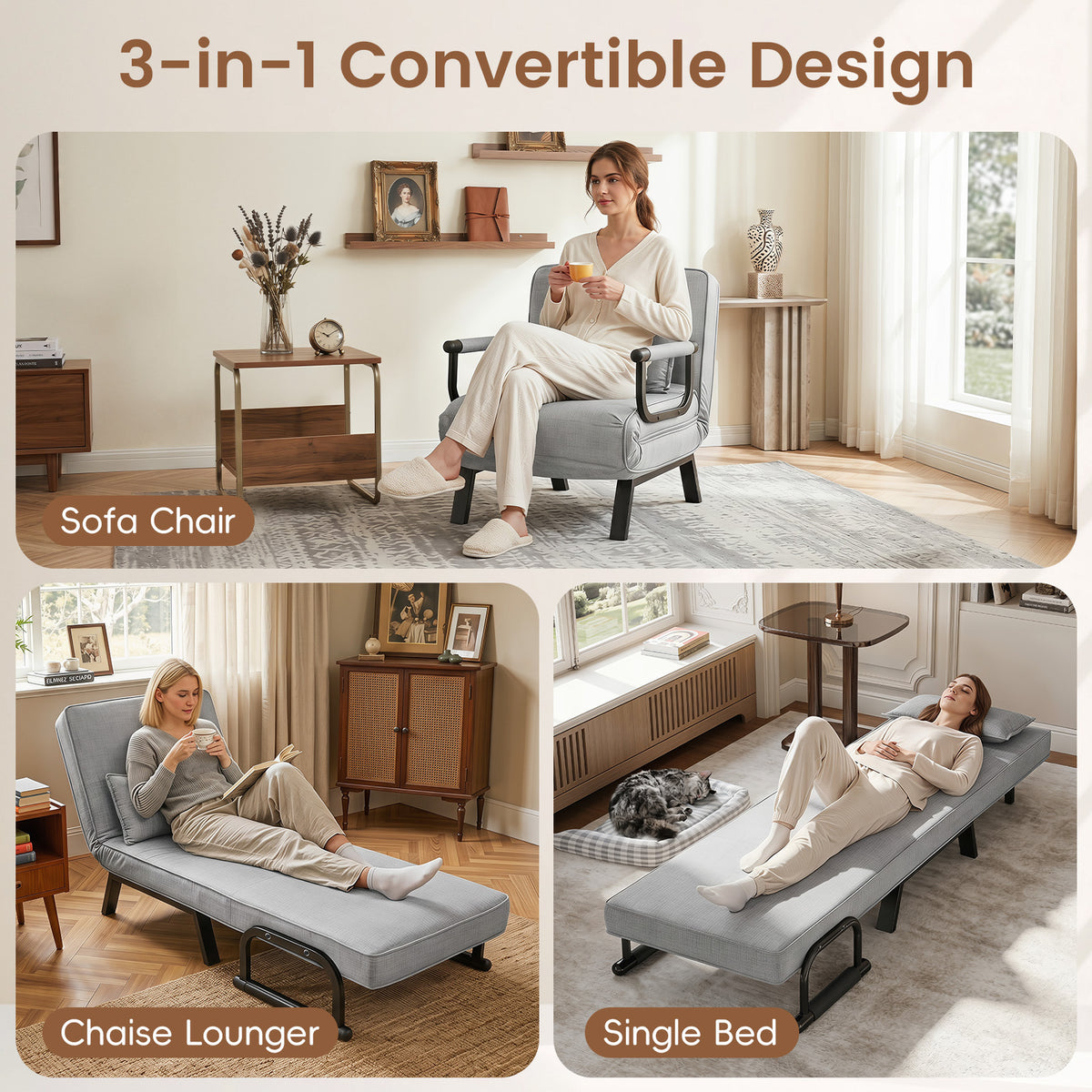 3-in-1 Folding Sofa Bed with Adjustable Backrest with Adjustable Backrest-Light Grey