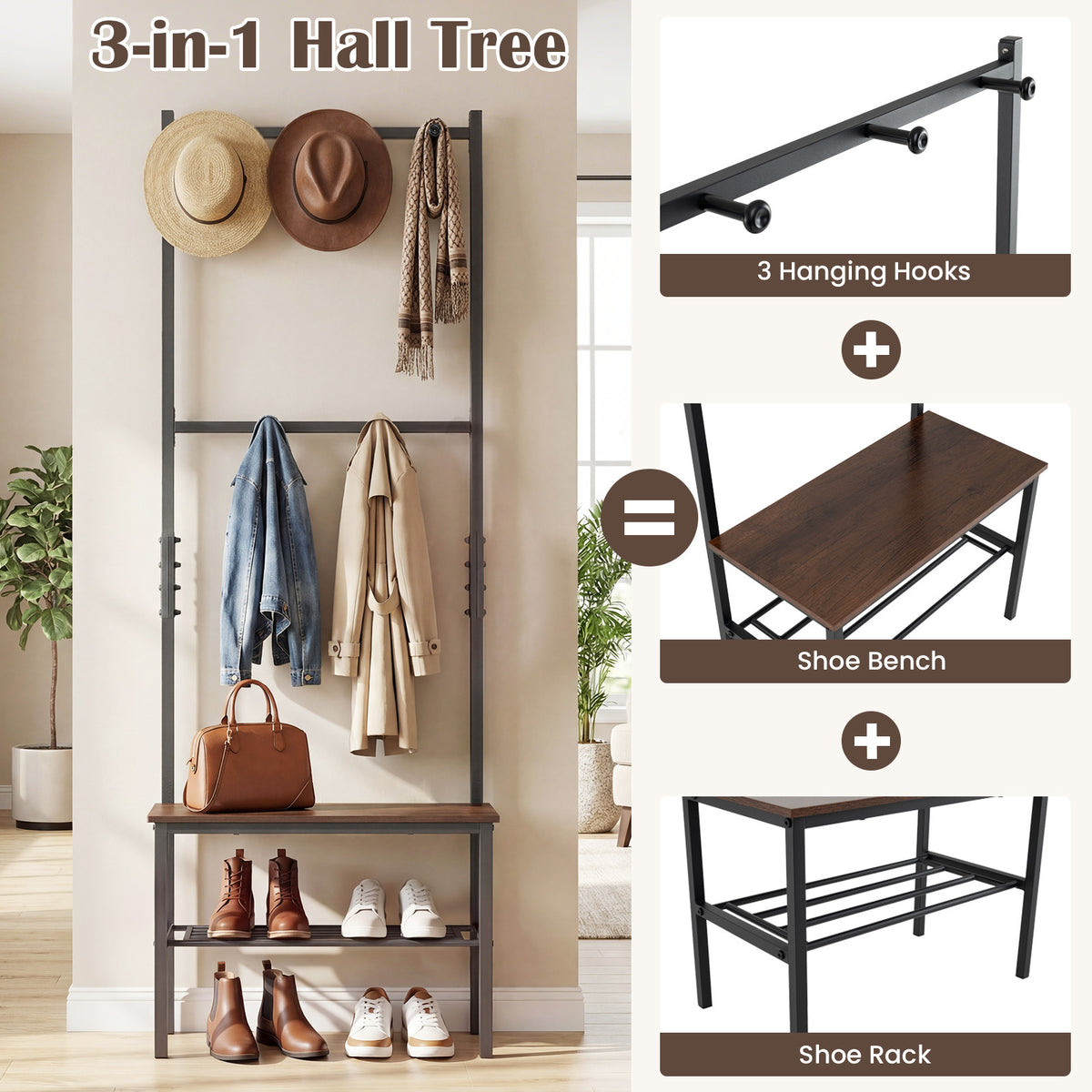 3-in-1 Freestanding Entryway Bench with Hooks and Shoe Storage for Entrance and Mudroom