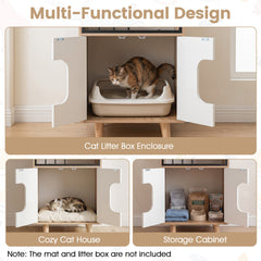 3-in-1 Hidden Cat House Cabinet with Shelf Metal Fence and 2 Door for Indoor Kittens-Natural
