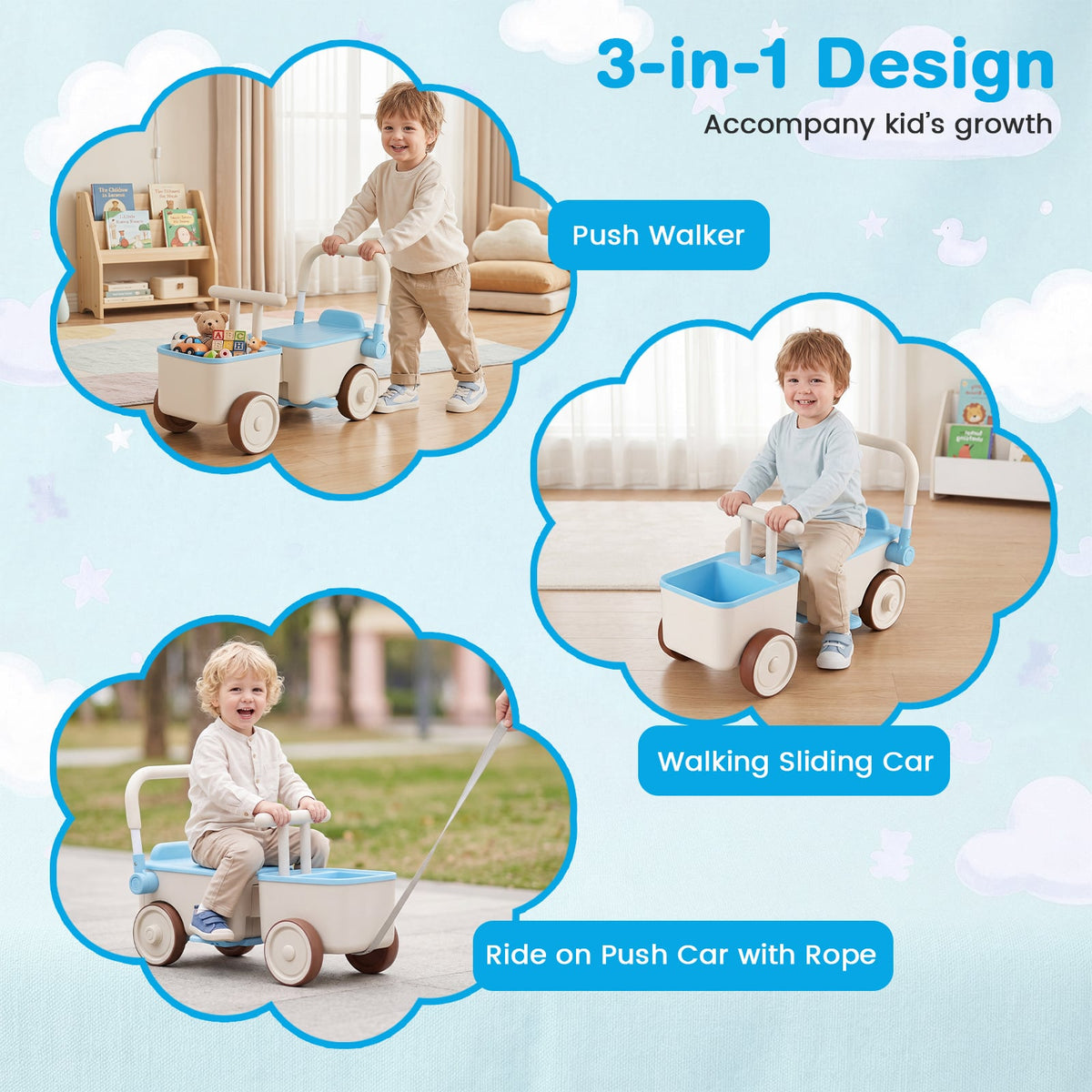 3-in-1 Kids Ride On Push Car with Foldable Push Handle and Storage Basket-Blue