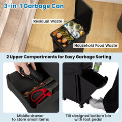 3-in-1 Multifunctional Kitchen Trash Can with Tilt-Designed Bottom Bin-Black
