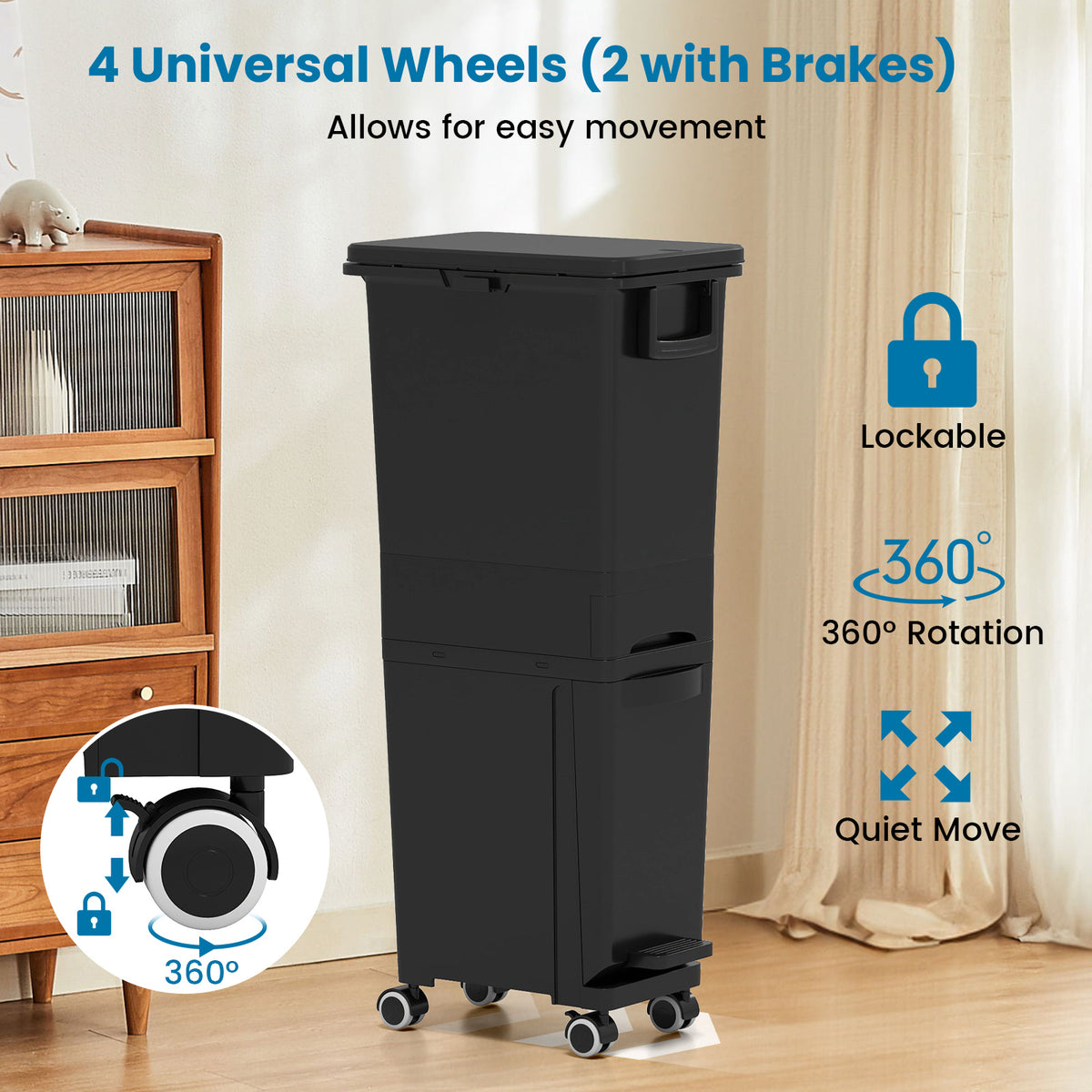 3-in-1 Multifunctional Kitchen Trash Can with Tilt-Designed Bottom Bin-Black