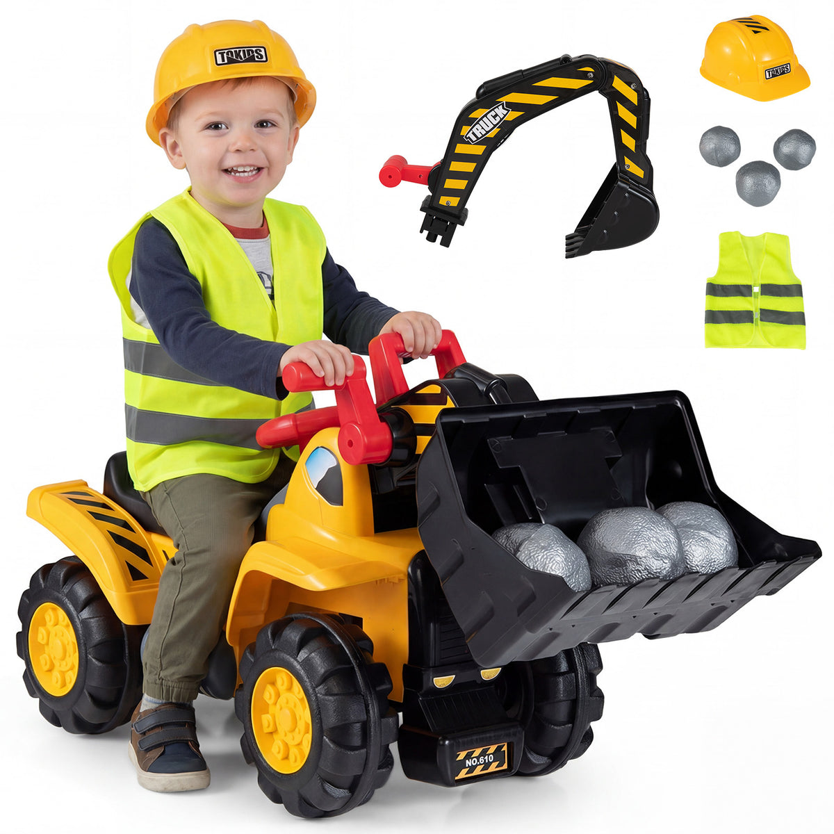 3-in-1 Ride on Excavator Bulldozer with Engine Sound and Under Seat Storage