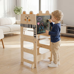 3-in-1 Toddler Kitchen Step Stool Foldable Standing Tower with Blackboard-Cat
