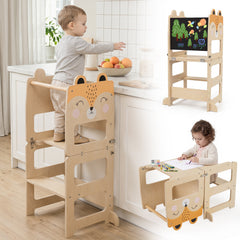 3-in-1 Toddler Kitchen Step Stool Foldable Standing Tower with Blackboard-Fox