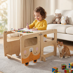 3-in-1 Toddler Kitchen Step Stool Foldable Standing Tower with Blackboard-Fox
