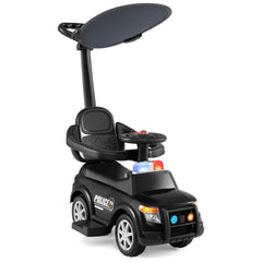 3-in-1 Toddler Push Car with Handle Canopy and Siren Flashing Light for 18-36 Month Kids-Black