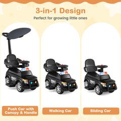 3-in-1 Toddler Push Car with Handle Canopy and Siren Flashing Light for 18-36 Month Kids-Black