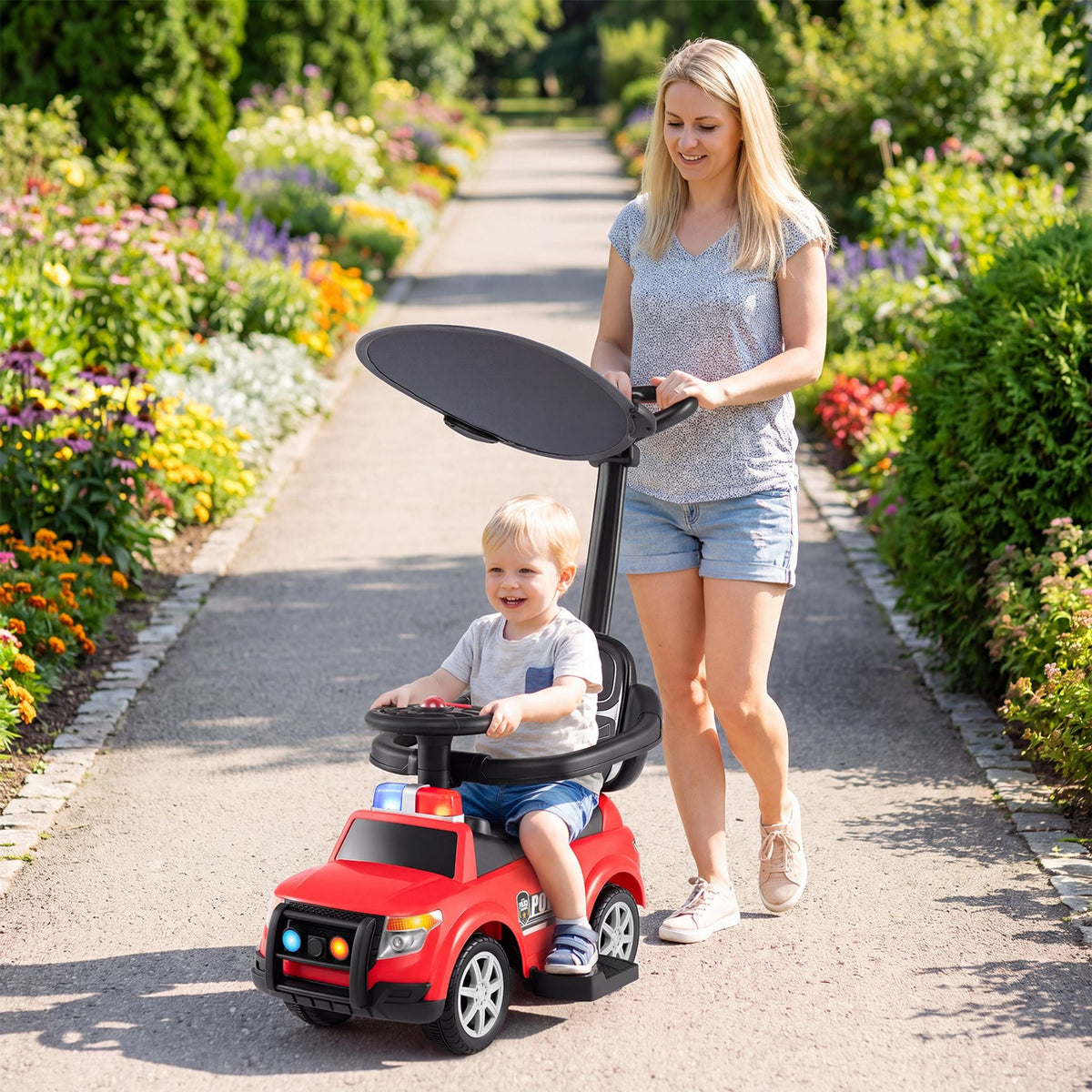 3-in-1 Toddler Push Car with Handle Canopy and Siren Flashing Light for 18-36 Month Kids-Red