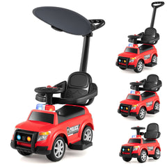 3-in-1 Toddler Push Car with Handle Canopy and Siren Flashing Light for 18-36 Month Kids-Red