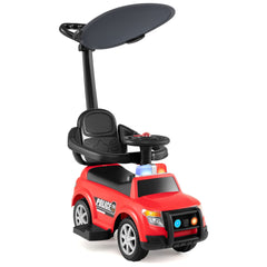 3-in-1 Toddler Push Car with Handle Canopy and Siren Flashing Light for 18-36 Month Kids-Red