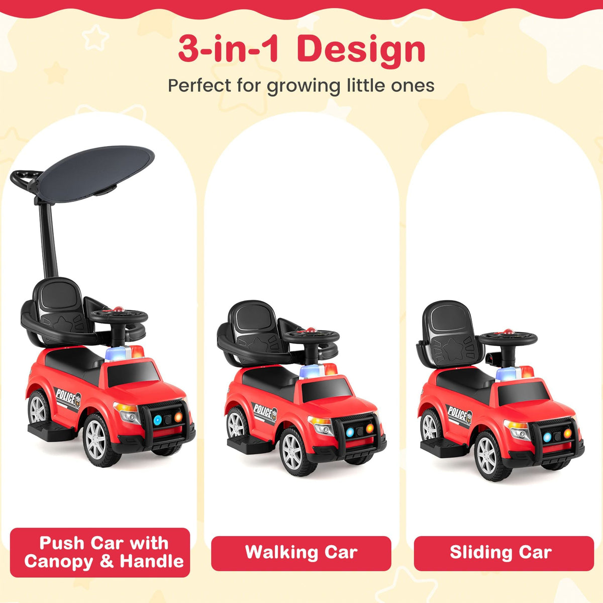 3-in-1 Toddler Push Car with Handle Canopy and Siren Flashing Light for 18-36 Month Kids-Red