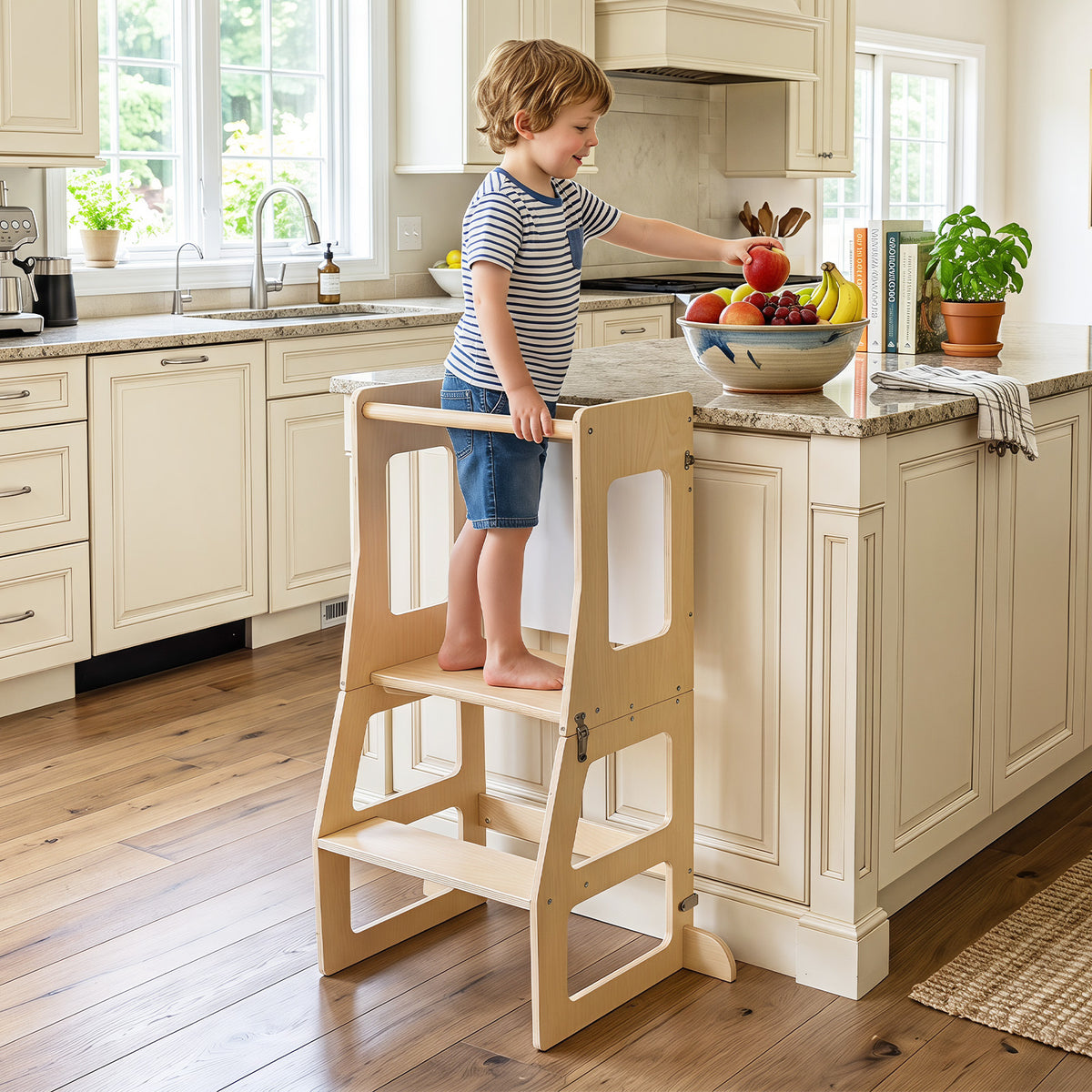 3-in-1 Toddler Standing Tower with Blackboard and Anti-Falling Solid Wood Rod-Natural