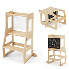 3-in-1 Toddler Standing Tower with Blackboard and Anti-Falling Solid Wood Rod-Natural