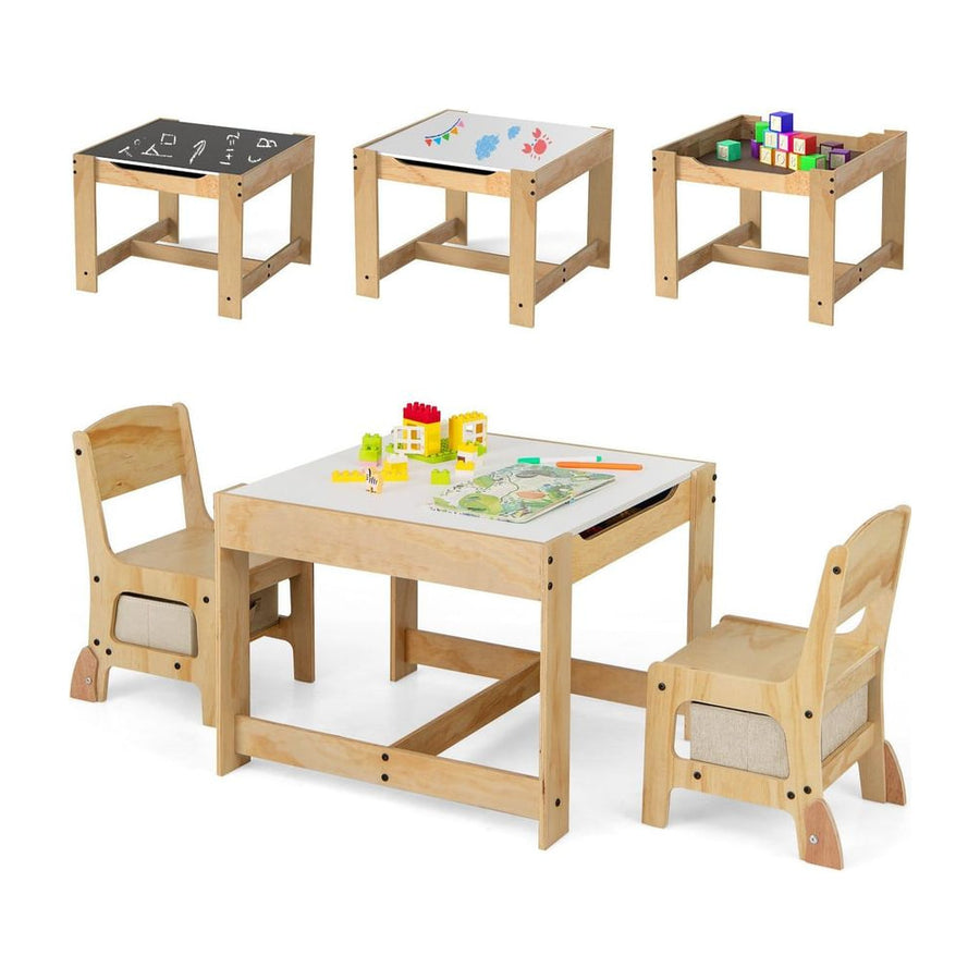 3 in 1 Wooden Kids Table and Chair Set with Removable Tabletop and Drawers-Beige