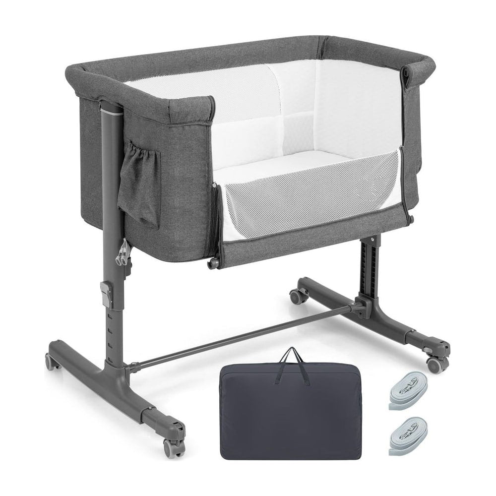 3-in-1 Adjustable Baby Bedside Bassinet with Mattress shown with its carry bag and straps