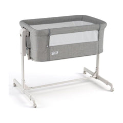 3-in-1 Baby Crib in grey fabric with white frame and castors