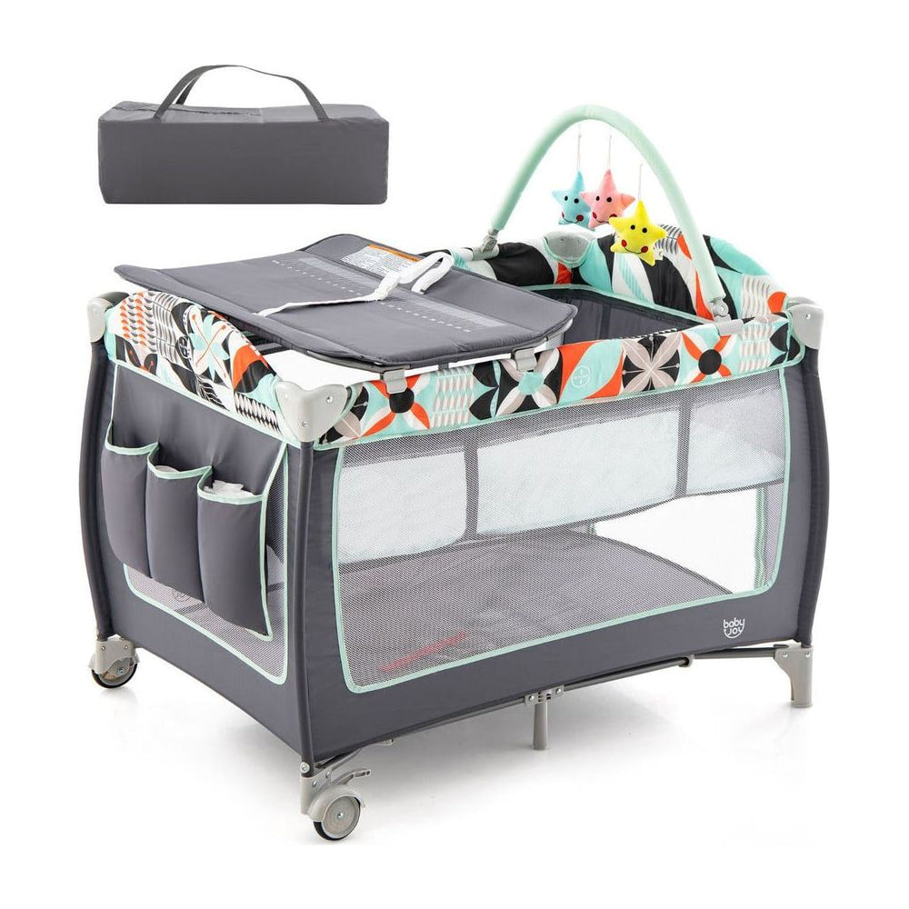 3 in 1 Baby Playard Portable Infant Nursery Center with a grey carry bag and hanging star toys