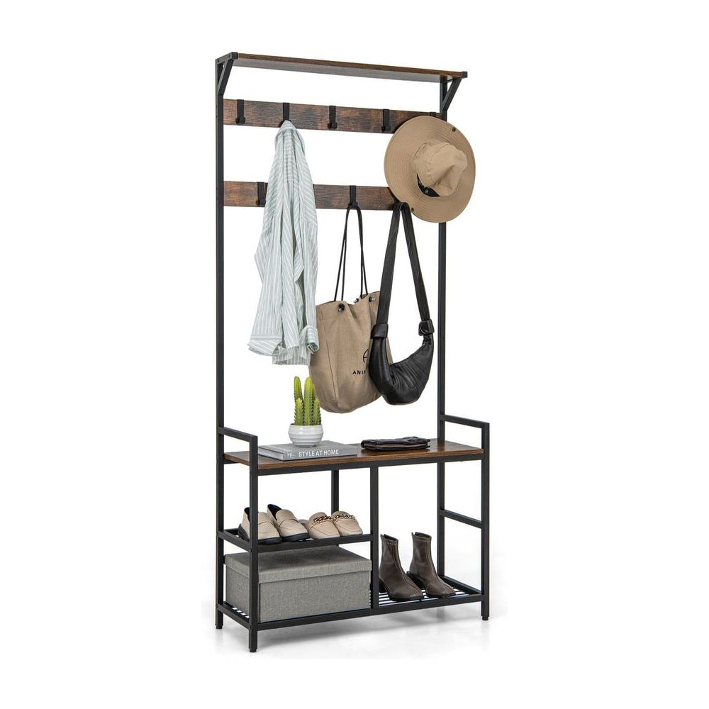 3-in-1 Coat Rack with hooks, a bench, and shoe shelves in rustic brown